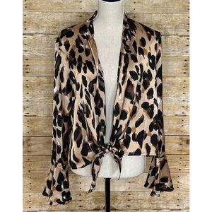 MISSGUIDED LEOPARD ANIMAL PRINT PLUNGE BELL SLEEVE CASUAL DRESSY BLOUSE SZ.4 NWT